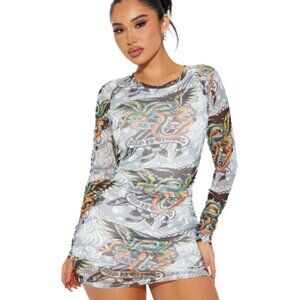 Ed Hardy Dragon Wings Mesh Long Sleeve Dress NWT Size L Y2K Grunge